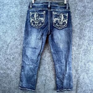 Zco Jeans Womens 7 Blue Y2K Cotton Stretch Embellished Fleur De Lis Low Rise